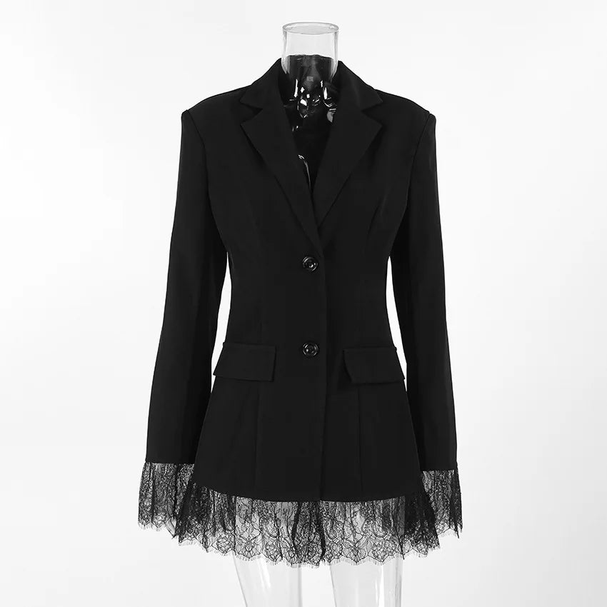 Elegant Lace Blazer Coat Women Fashion Office Lady Full Sleeve Single Breasted Jackets 2025 New Autumn Black Casual Slim Coats
