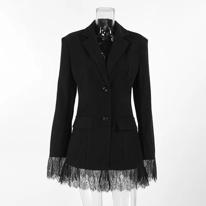 Elegant Lace Blazer Coat Women Fashion Office Lady Full Sleeve Single Breasted Jackets 2025 New Autumn Black Casual Slim Coats