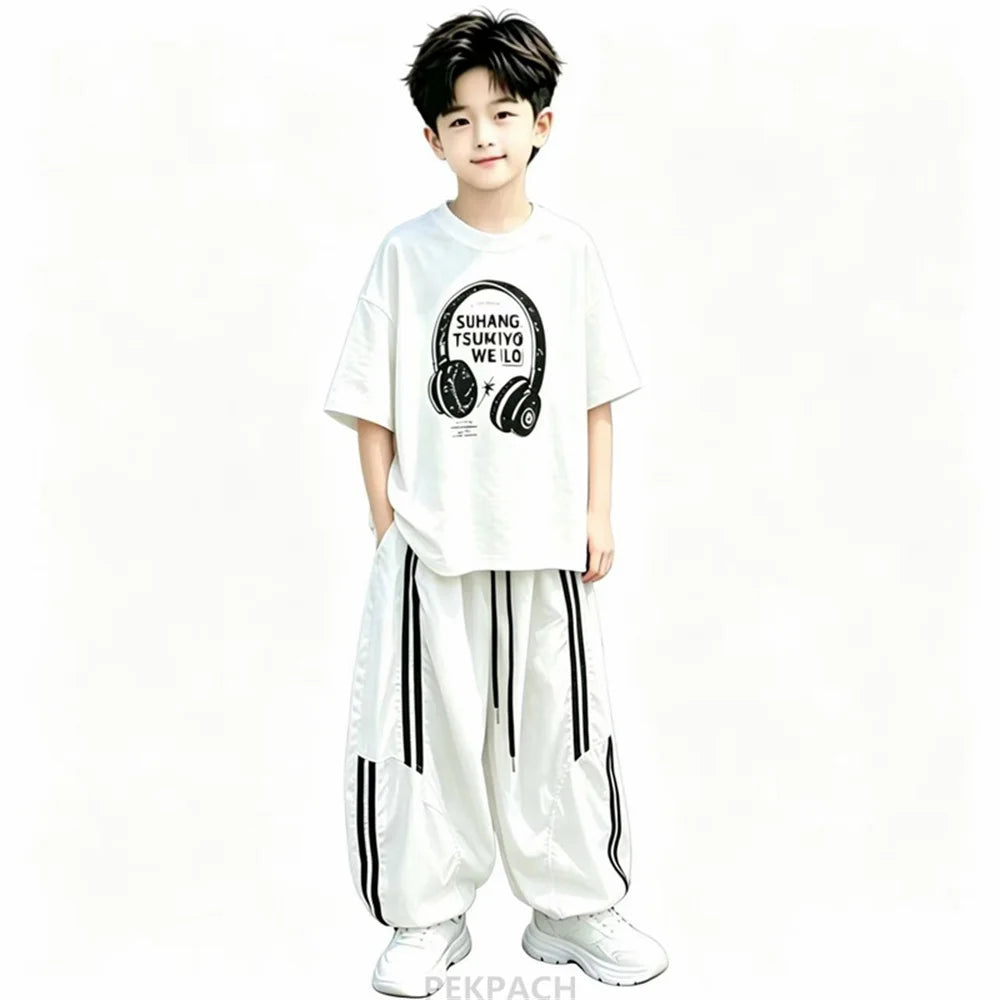 Street Style Children Luxury Summer Outfit Top And Bottom Set for Teen Boys T-shirt Pants Suit Kids Fashion Streetwear Clothes