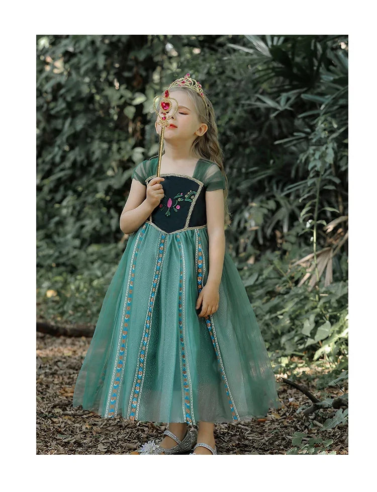 Girls' Summer Anna Frozen Baby Dress Child Green Dress Up Halloween Costume for Kids Princess Party Cosplay Dresses 2 to 8 Years