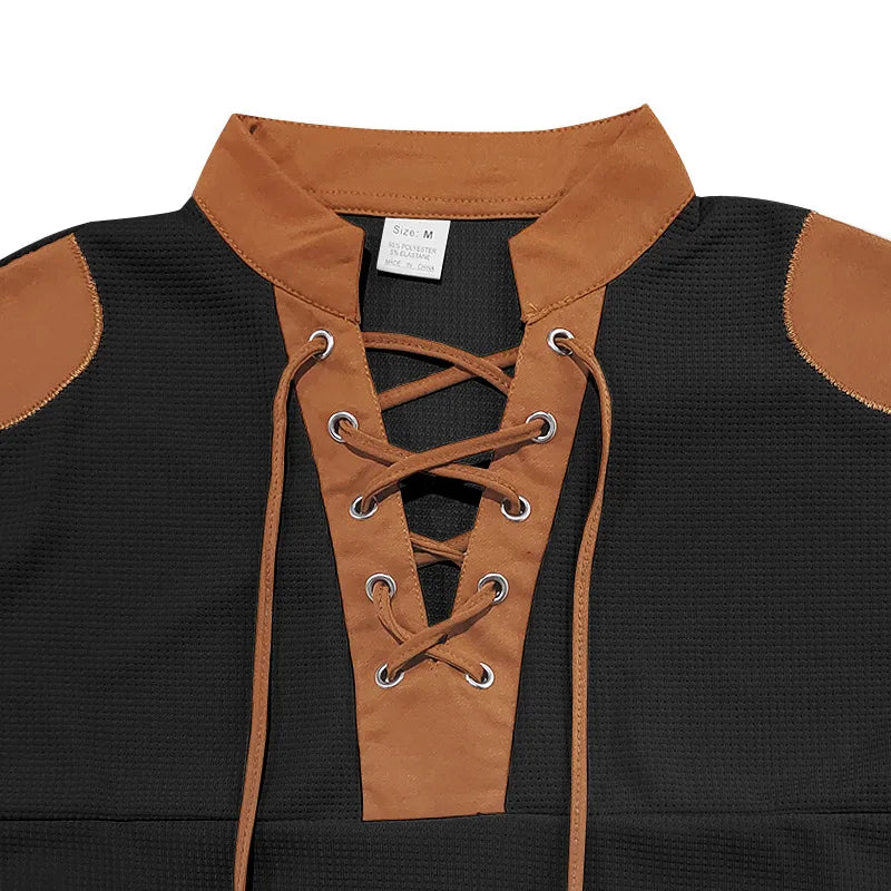 Cross-border new men's waffle color matching strap V-neck top casual long-sleeved bottoming T-shirt
