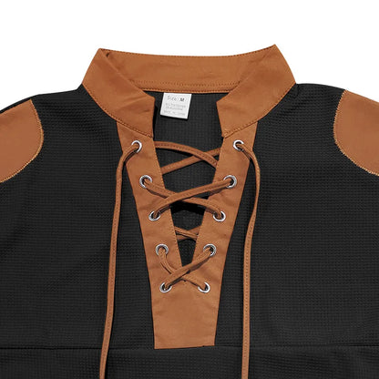 Cross-border new men's waffle color matching strap V-neck top casual long-sleeved bottoming T-shirt