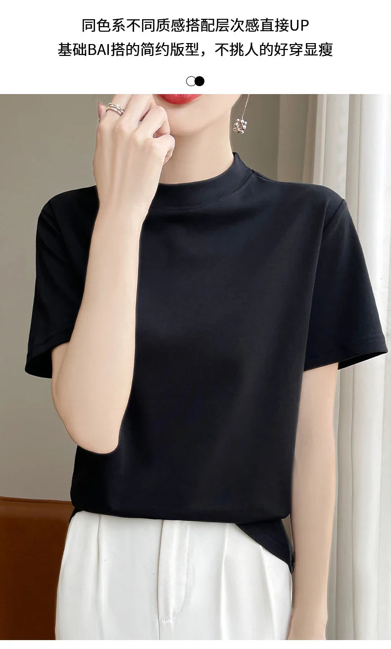 Spring and Autumn New Semi-high-necked Cotton Short-sleeved Women's Stand-up T-shirt Joker Loose Sleeve Top Slim Bottom