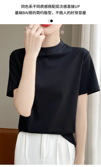Spring and Autumn New Semi-high-necked Cotton Short-sleeved Women's Stand-up T-shirt Joker Loose Sleeve Top Slim Bottom