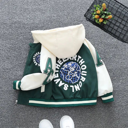 Fashion Boys Color Block Baseball Jacket 2025 Spring Autumn Baby Girl Letter Print Casual Hooded Zipper Coats Kid Clothes 2-12 Y