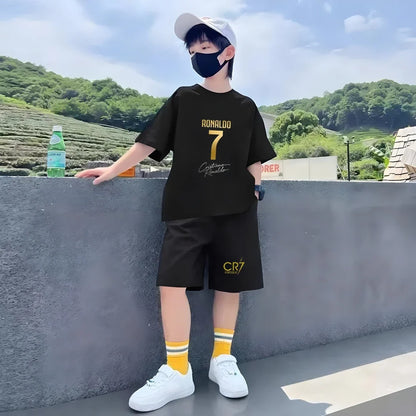 Children Short-sleeved T-shirt+Shorts Black Boys Girls Toddler 3-12Yrs Sports Set Football Player No. 7 Summer Cool Clothing