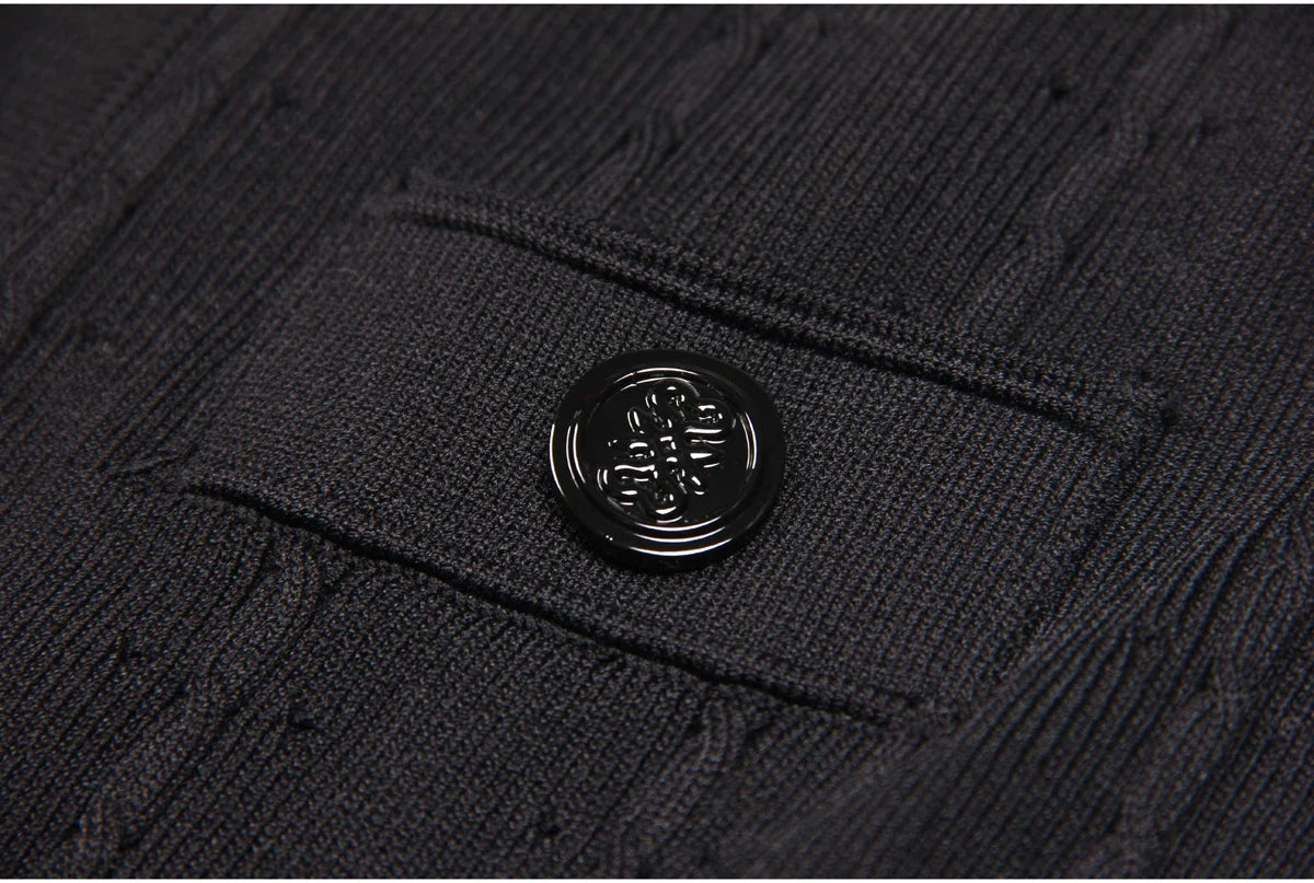 Three Color High-quality New Fashionable Elastic Knitted Hollow Round Neck Single Breasted Short Sleeved Slim Fit Women's Dress