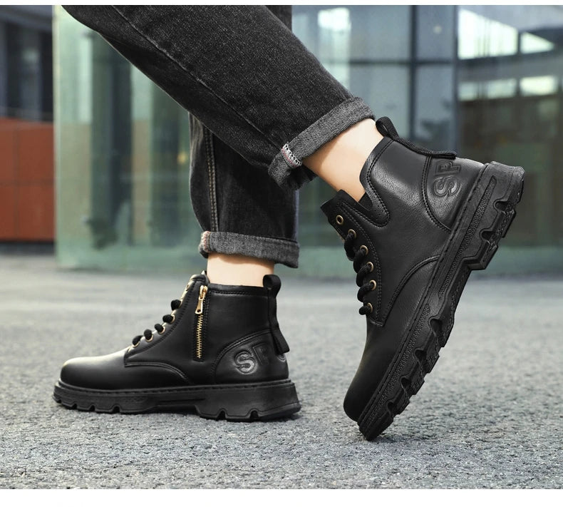 New MEN'S BOOTS with Retro Style Leather Boots, Thick Soles, Wear-resistant MEN'S High Top Casual Shoes, Side Zippers