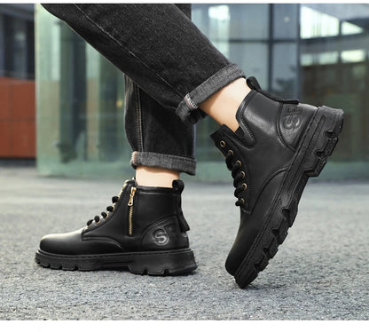 New MEN'S BOOTS with Retro Style Leather Boots, Thick Soles, Wear-resistant MEN'S High Top Casual Shoes, Side Zippers