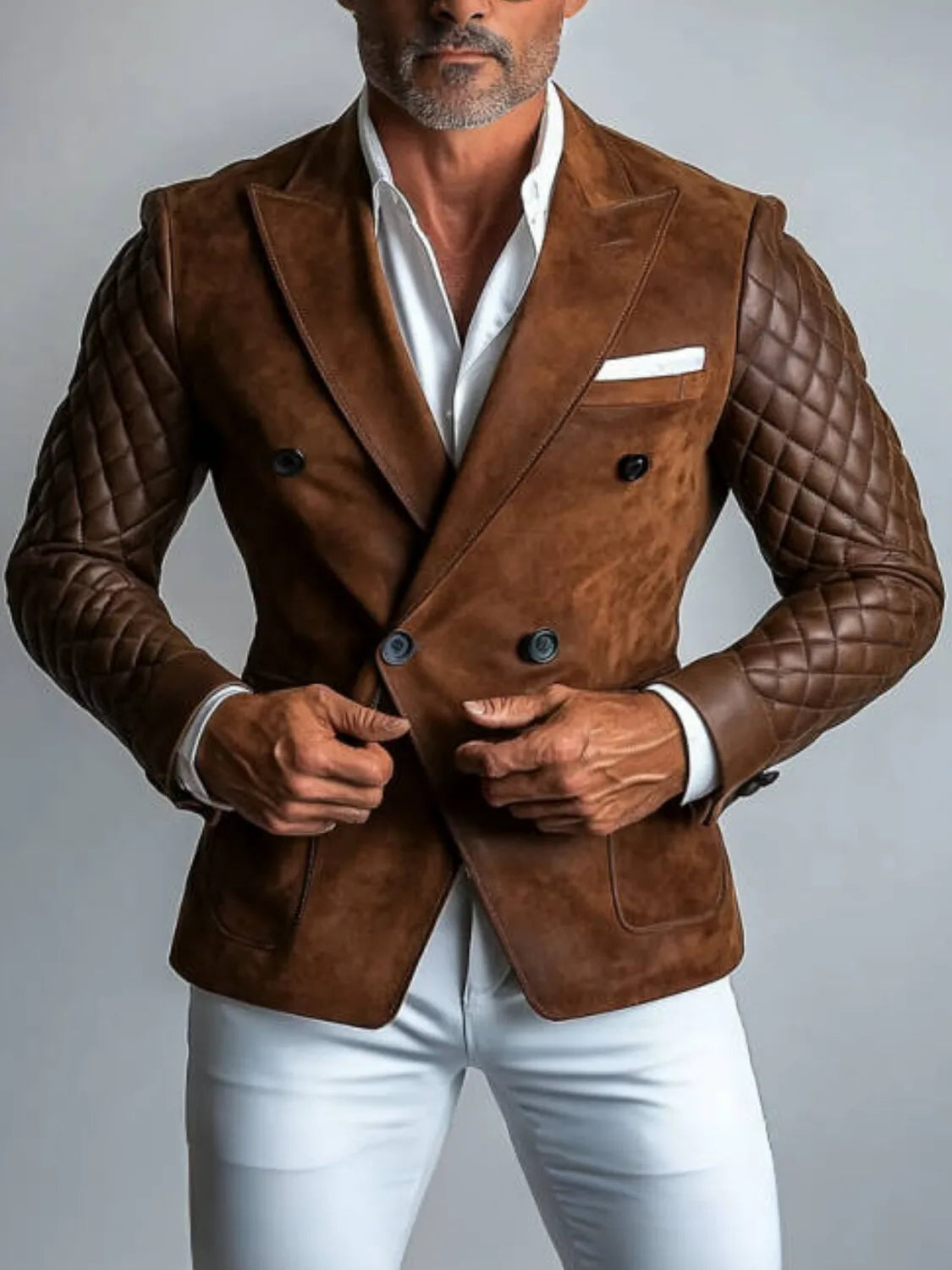 Classic Men's Suit Blazer Pu Splicing Lapel Tuxedo Fashionable Slim Autumn And Winter Mature Light Business Party Suit Jacket