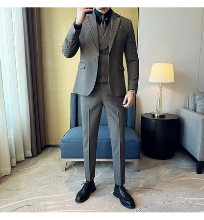 Luxury Stripe Men Suit Korean Version Fashion Elegant Slim Fit Tuxedo Formal Groom Wedding Social Suits