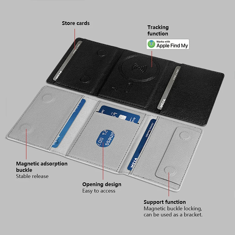 Luxury Leather Magnetic Storage Charge Wallet Bracket For iPhone 16 15 14 13 12 Pro Max Findmy Magsafe With Tracking Anti-theft