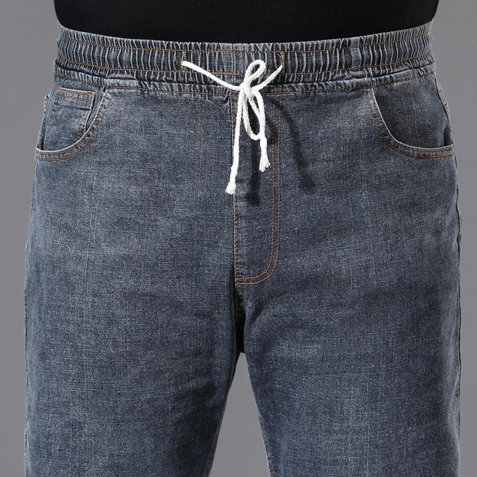 8XL Plus Size Jeans Men Solid Color Denim Pants Male Fashion Casual Baggy Jeans Elastic Waist Straight Pants