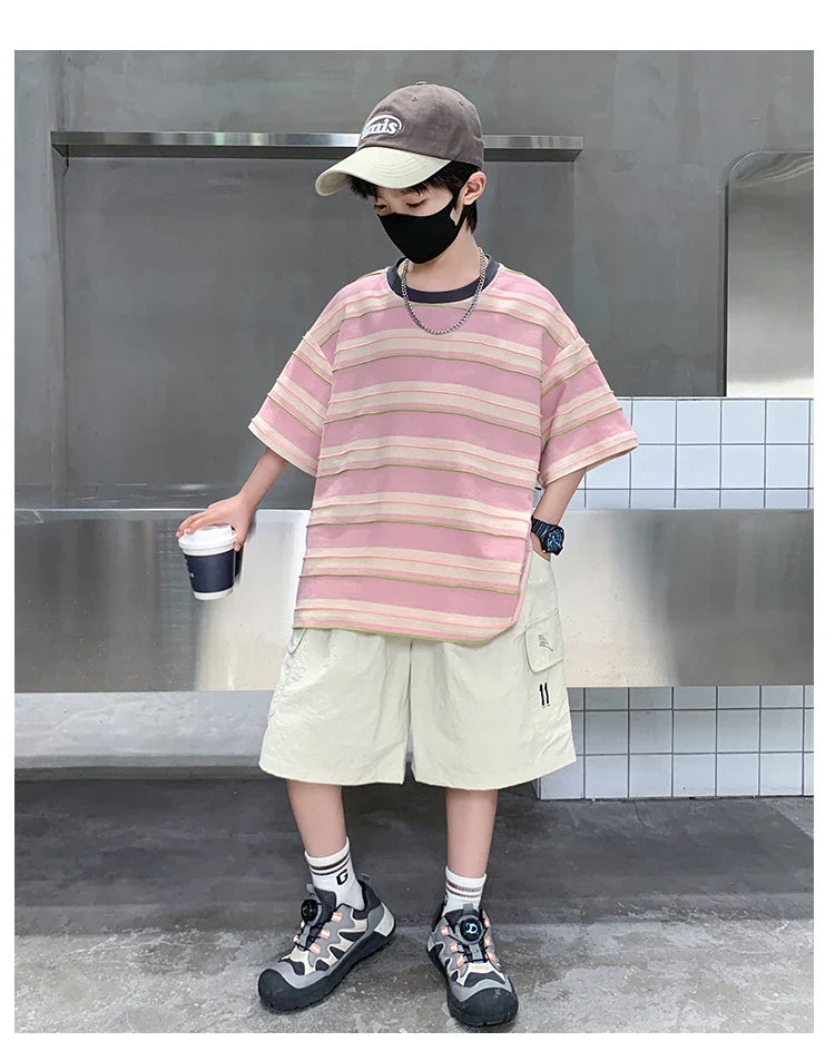 Children Summer Pink Blue Striped Suit Top and Bottom Clothes Set For Teen Boy New Fashion Tracksuit Outfit Kids Casual Clothing