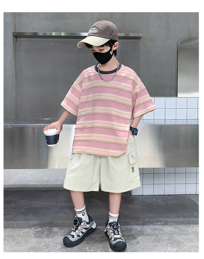 Children Summer Pink Blue Striped Suit Top and Bottom Clothes Set For Teen Boy New Fashion Tracksuit Outfit Kids Casual Clothing