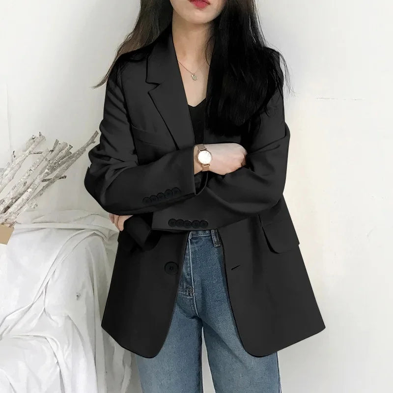 Elegant Casual Loose Long Sleeve Women's Small Suit Jacket Korean Style Spring Autumn Chic Polyester Fiber Button Decoration