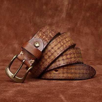 3.8CM High Quality Pure Cowhide Genuine Leather Men's Brass Buckle 5.5mm Thick Belts Retro Jeans Waistband Male Belts for Men
