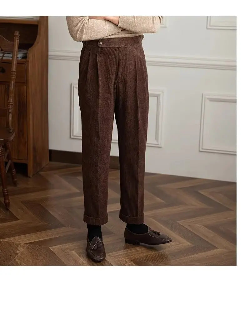 Classics Italian Naples Style Men's Suit Corduroy Pants Men High Waist Straight Work Formal British Business Brand Trousers Male