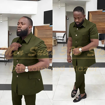 Summer Men's Suits Solid Color Short Sleeve Single Breasted Stand Lapel Casual Outfits 2 Piece Jacket Pants Set Slim Fit Terno