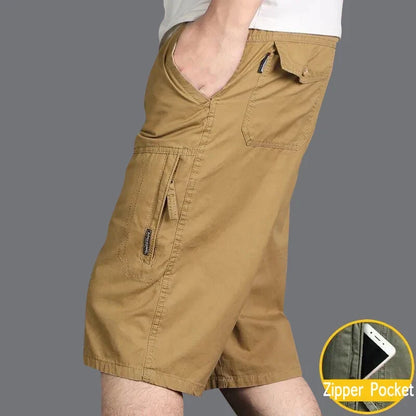 Men Cargo Shorts Zipper Pocket Loose Casual Big Size Shorts Big and Tall Cotton Knee Shorts