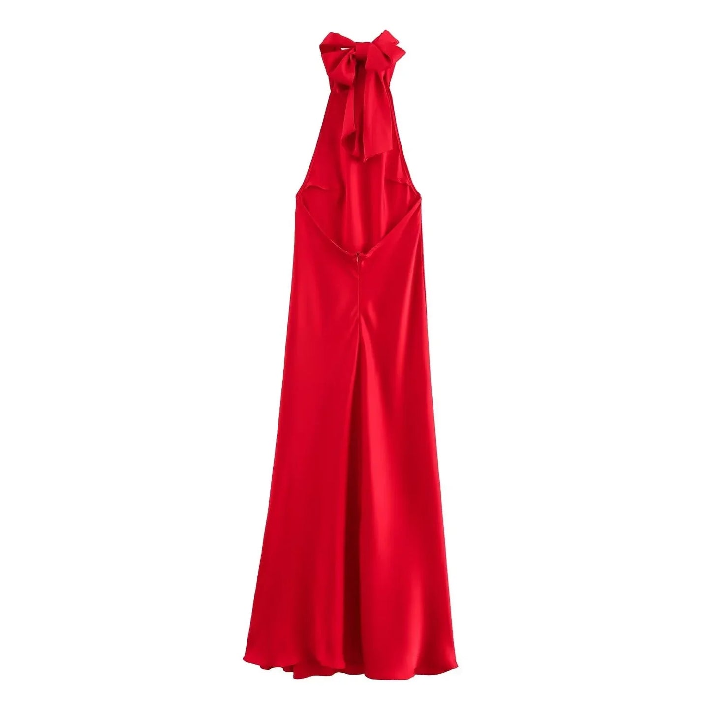 Dress for Women Fashion 2024 Autumn New Bow Sexy Backless French Elegant Halter Neck Satin Texture Midi Dresses