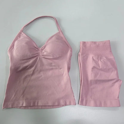 No Logo 2 Pieces Sports Set Workout Clothes Shorts Sets Gym Strappy Top Scrunch Shorts Yoga Clothing Gym Set