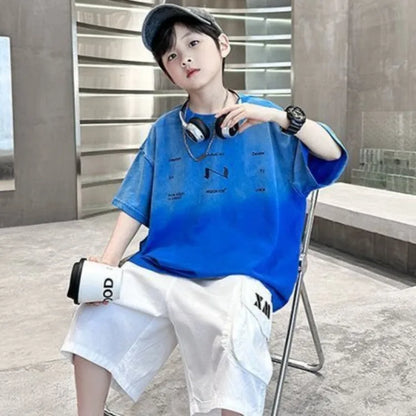 2026 New Boys Cotton T-Shirt Trendy Gradient Design for Big Kids Stylish Cool Summer Casual Wear