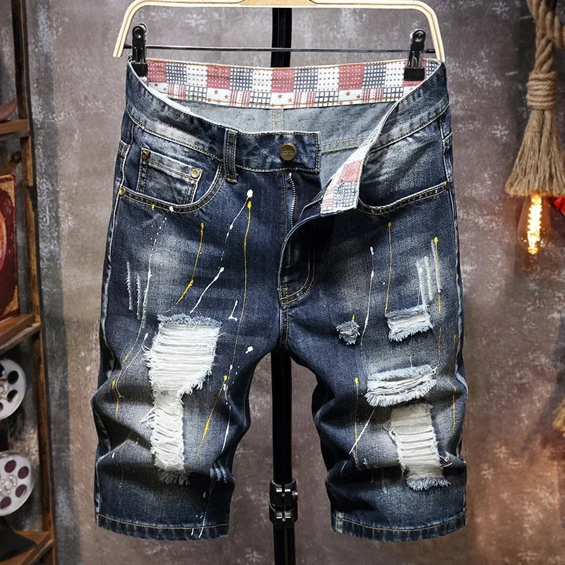 2025 Summer New Fashion Men's Graffiti Ripped Short Jeans Casual Slim Big Hole Retro Style Denim Shorts Male Brand Clothes