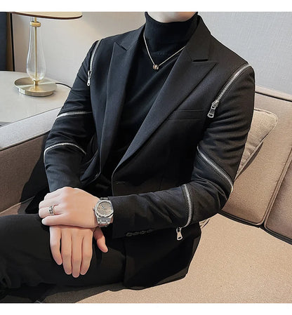 2024 Autumn New Zipper Decoration Blazer Men Casual Slim Fit Business Dress Coats Homme Formal Social Prom Tuxedo Men Clothing