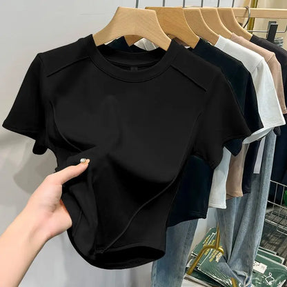 2026 Summer White T-shirt Cotton Female Short-sleeved Student Versatile Slim T-shirt Harajuku Crop Top Trend