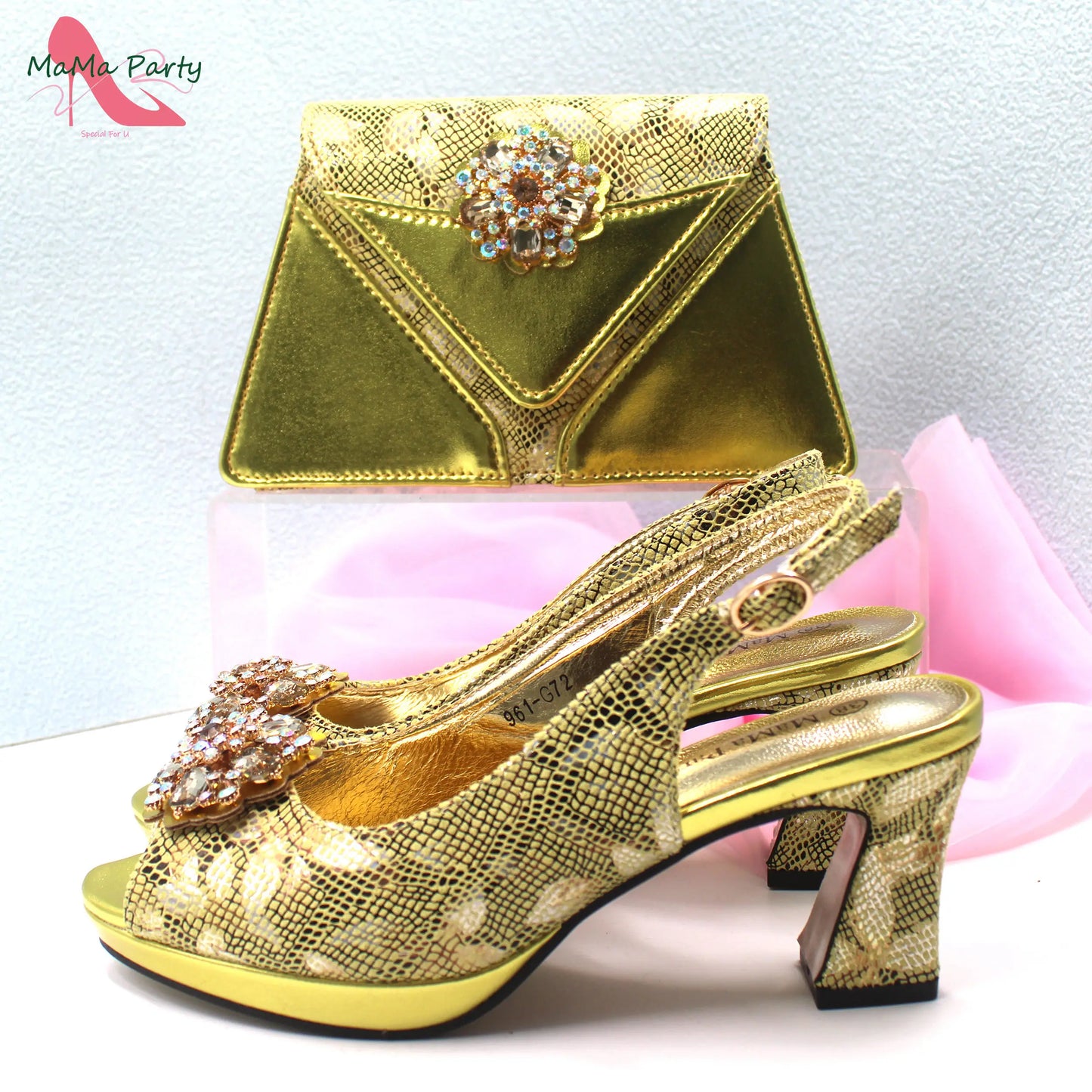 Special Design New Coming INS Hot Sale African Women Shoes and Bag Set in Pink Color with Shinning Crystal for Party