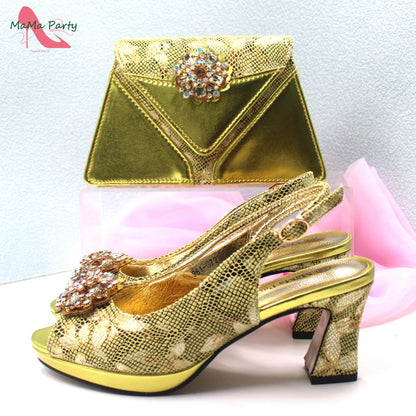 Special Design New Coming INS Hot Sale African Women Shoes and Bag Set in Pink Color with Shinning Crystal for Party