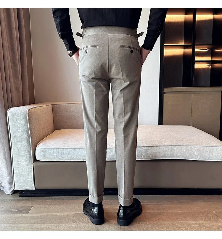 Autumn Winter High Waist Business Dress Pants Men Casual Belt Design Slim Suit Pants Formal Wedding Social Party Male Trousers