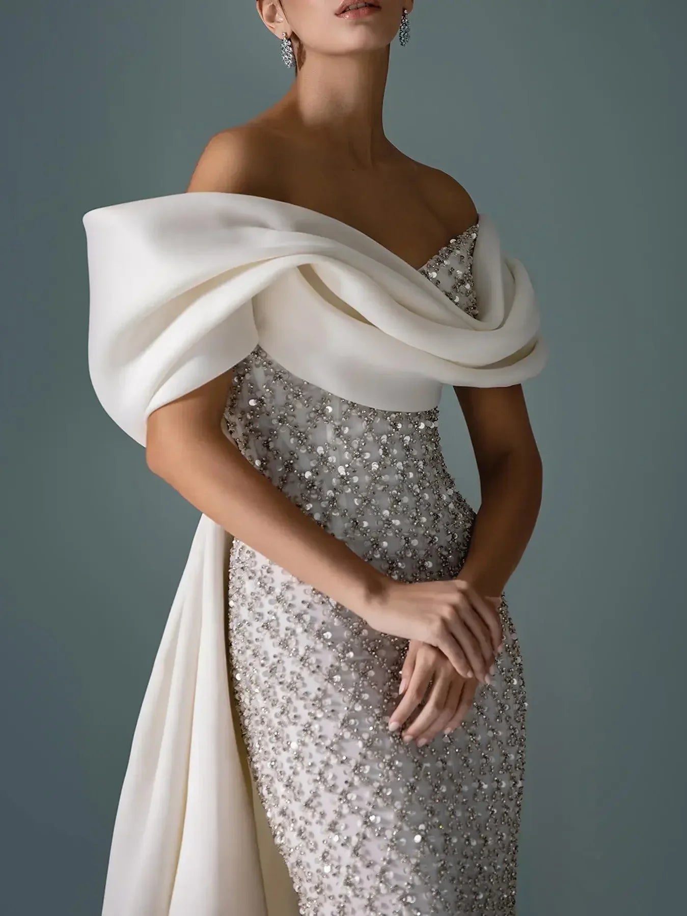 Customized Evening Dresses Exquisite Sexy Classic Jersey Pattern Sequined Straight Boat Neck Long Dress High Quality Prom Gown