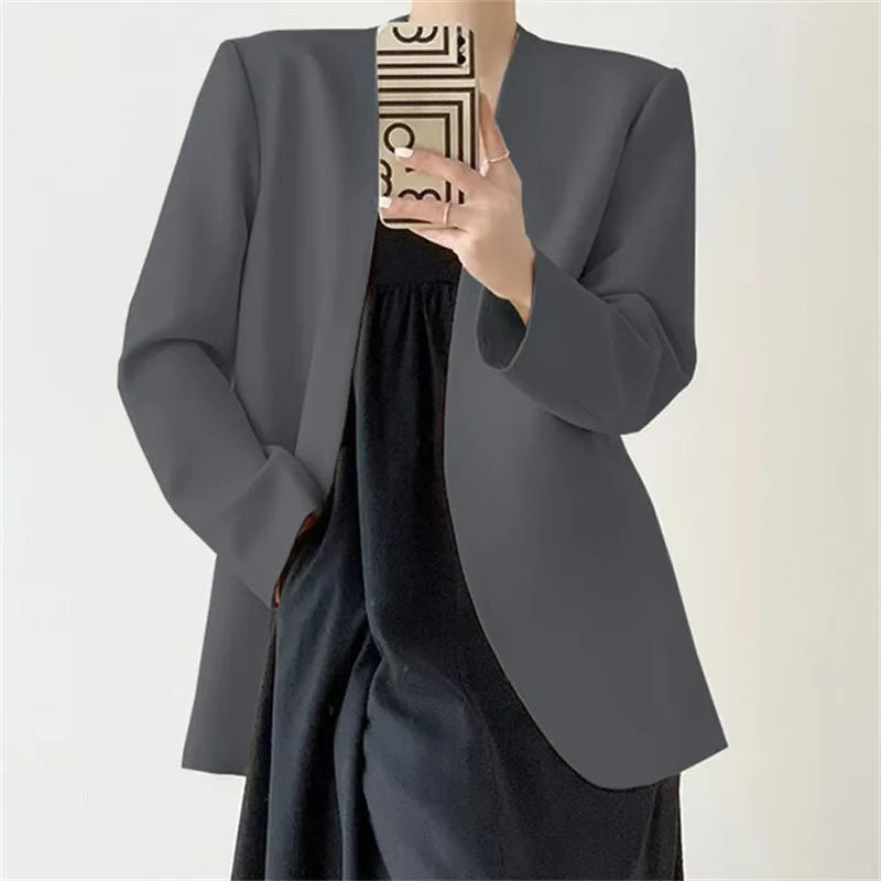 British Style Solid Color Suit Jackets Women 2025 Loose Buttonless Long Sleeve Blazers Woman Office V-Neck Suit Coats Lady