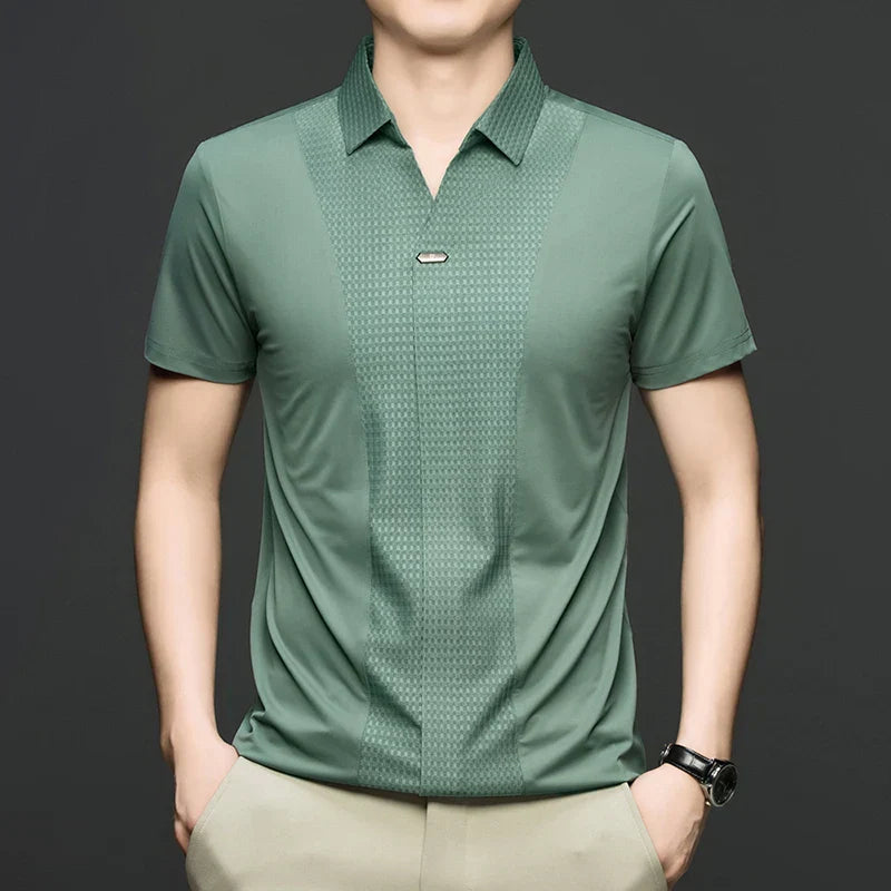 Personality jacquard splicing short sleeve Polo shirt men ice silk breathable high quality fashionable buttonless V-neck T-shirt