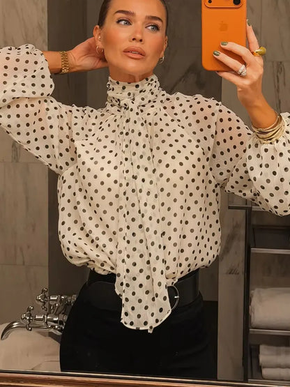 Women 2026 Trend Polka Dot Print Blouse Bow Scarf Collar Long Sleeve Shirt Female Fashion High Street Lady Chic Thin Tops