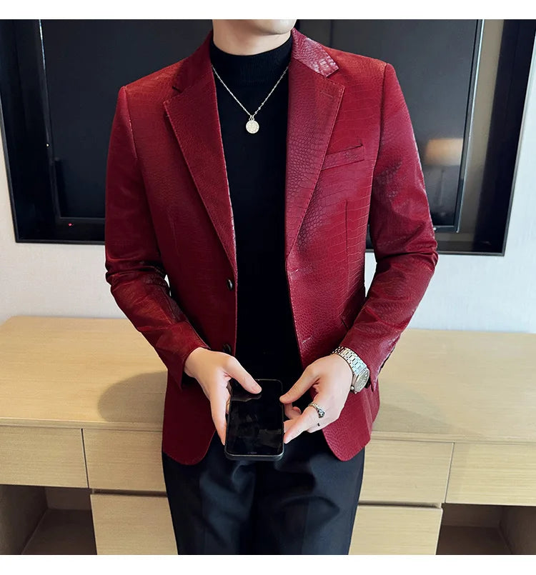 New High Quality Crocodile Stripe Slim Fit Leather Jacket Classic Business Casual Slim Fit Men Blazer Tuxedos Men Clothing 4XL-M
