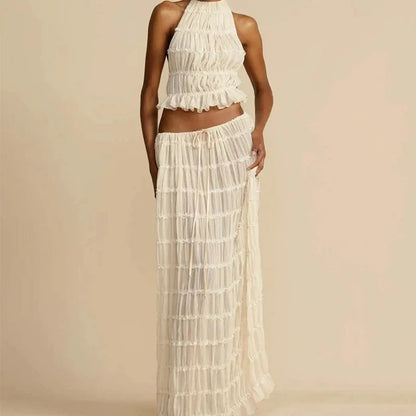 Fashion Halter Neck Long Skirt Suit Women Backless Sling Top Lace Up Fold Maxi Skirts New Summer Female 2 Piece Set Outfits