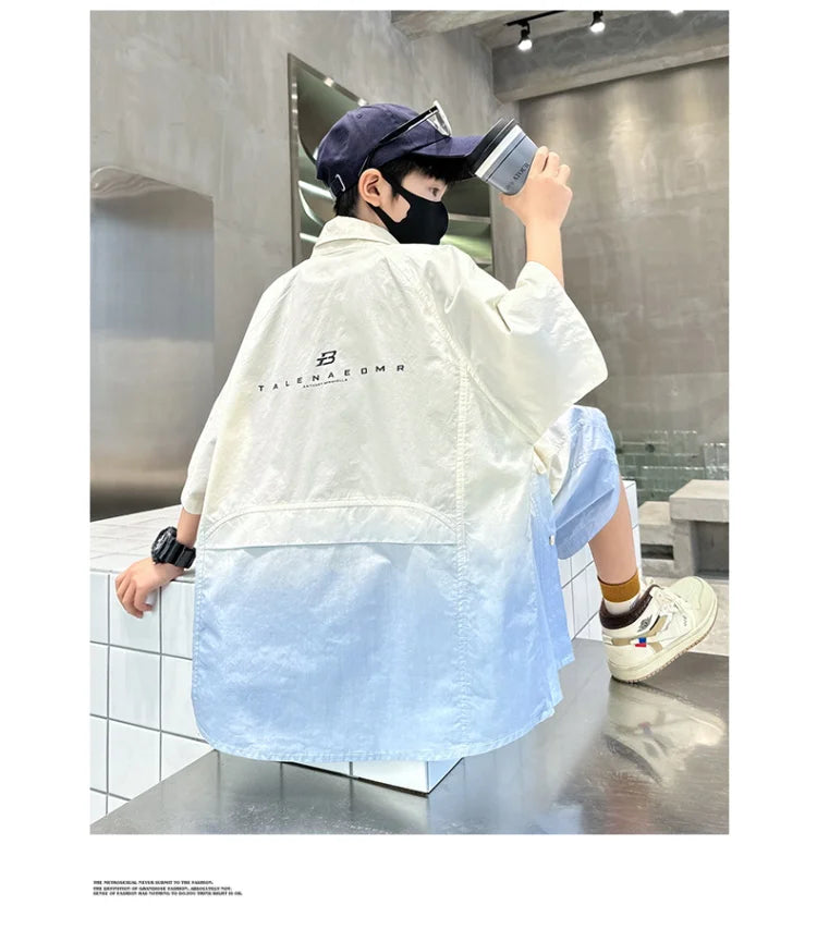 Fashion Kids Clothing Set Shirt Shorts Summer Suit for Teenage Boy Loose Casual Gradient Color Clothes Set Child Luxury Outfit