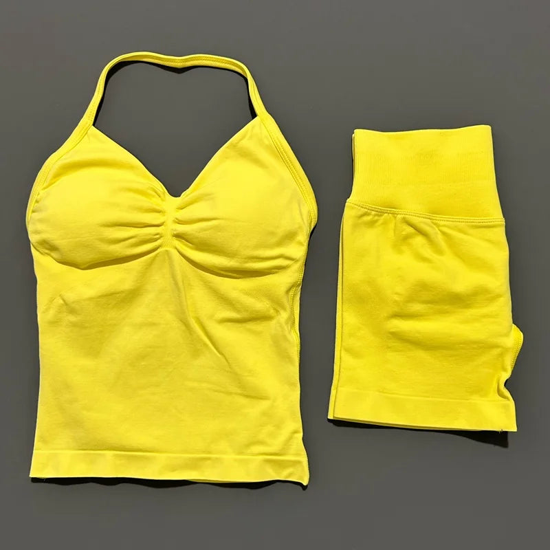2 Piece Sports Set Women Seamless Yoga Tank With Removable Pads Top Scrunch Butt Workout Leggings Suit Gym Sports Sets