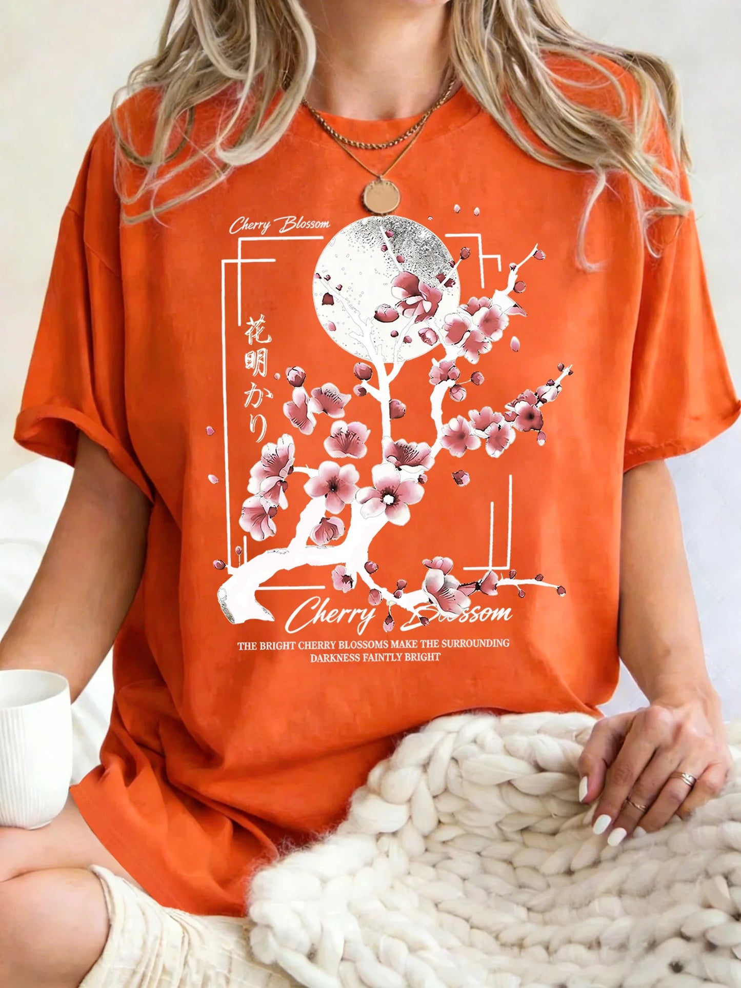 Japanese Cherry Blossom Design Women'S T-Shirt Loose Cotton T Shirts Crewneck Trendy Short Sleeve Y2K Summer Casual Streetwear
