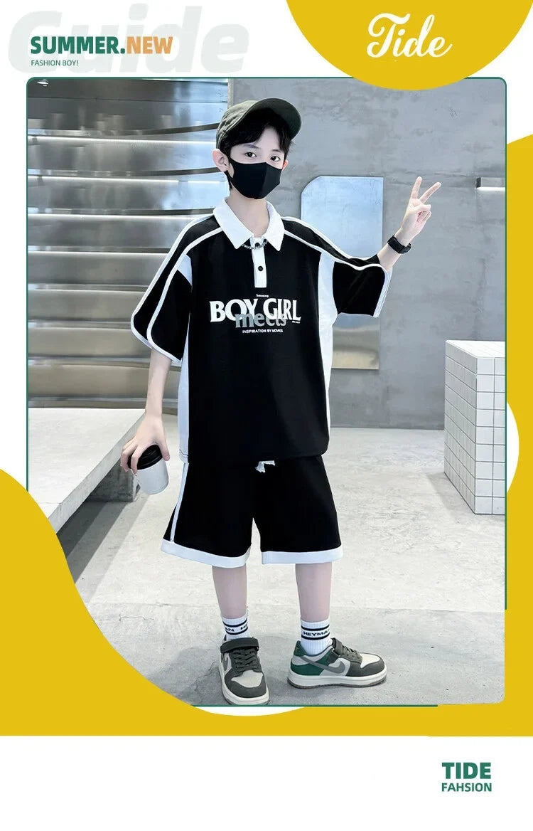 Summer Boys Patchwork Alphabet Preppy T-Shirt Tops+Drawstring Shorts Pant Set School Kids 2PCS Tracksuit Children Outfits 5-16Yr