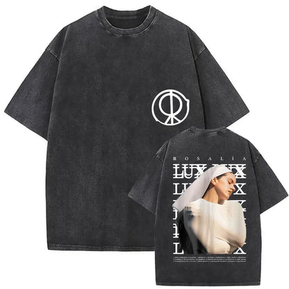Rosalia Lux Tour Album 2025 Vintage Washed T Shirts Men Women Casual Oversized Cotton T-shirt Fashion Pop Print Clothing Tshirt