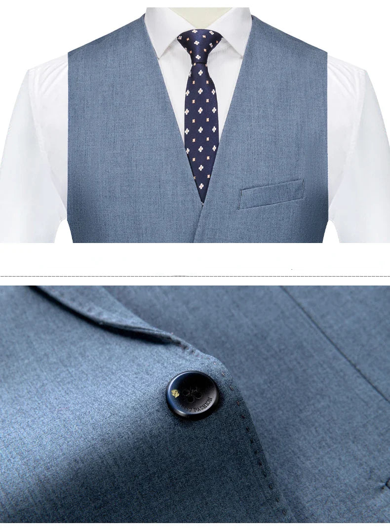 Jacket+Vest+Pants / 2023 High Quality Men Slim Suit Formal Business Groom Wedding Social Dress Blue Grey High-end Casual Tuxedo