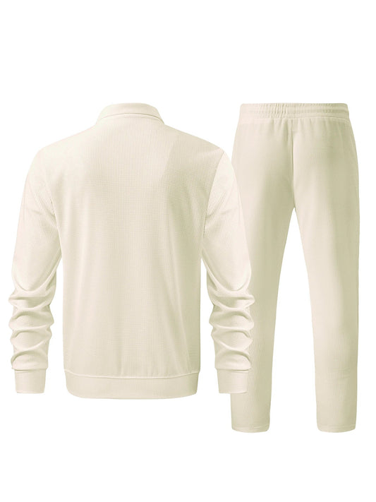 Men's Casual Solid Color Zipper Jacket and Pants Suit - Breathable Polyester Fiber for Spring/Autumn