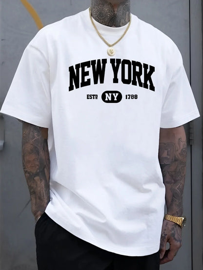 100% pure cotton men's casual loose and fashionable New York letter printed sports breathable short sleeved round neck T-shirt
