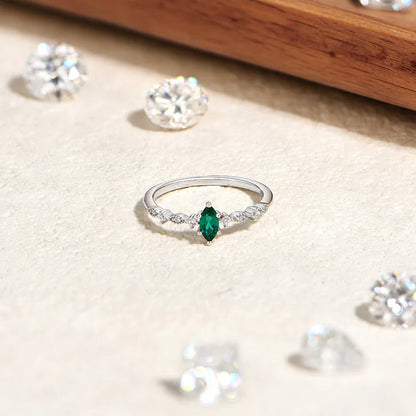 S925 Silver Stackable Zircon Ring Inlaid With 3*6mm Marquise Cut Lab Zambian Emerald ForWomen Daily Wear Trendy Jewelry