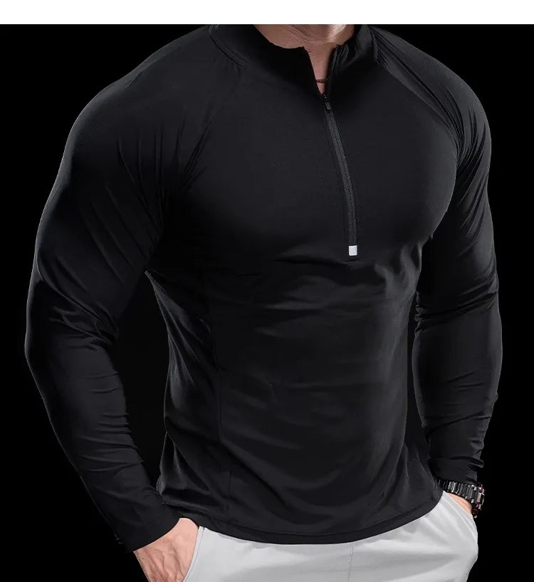 2024 New Men Sports T-shirt Gym Fitness Tops Running Training Clothes Autumn Round Neck Quick-drying Breathable Long Sleeves