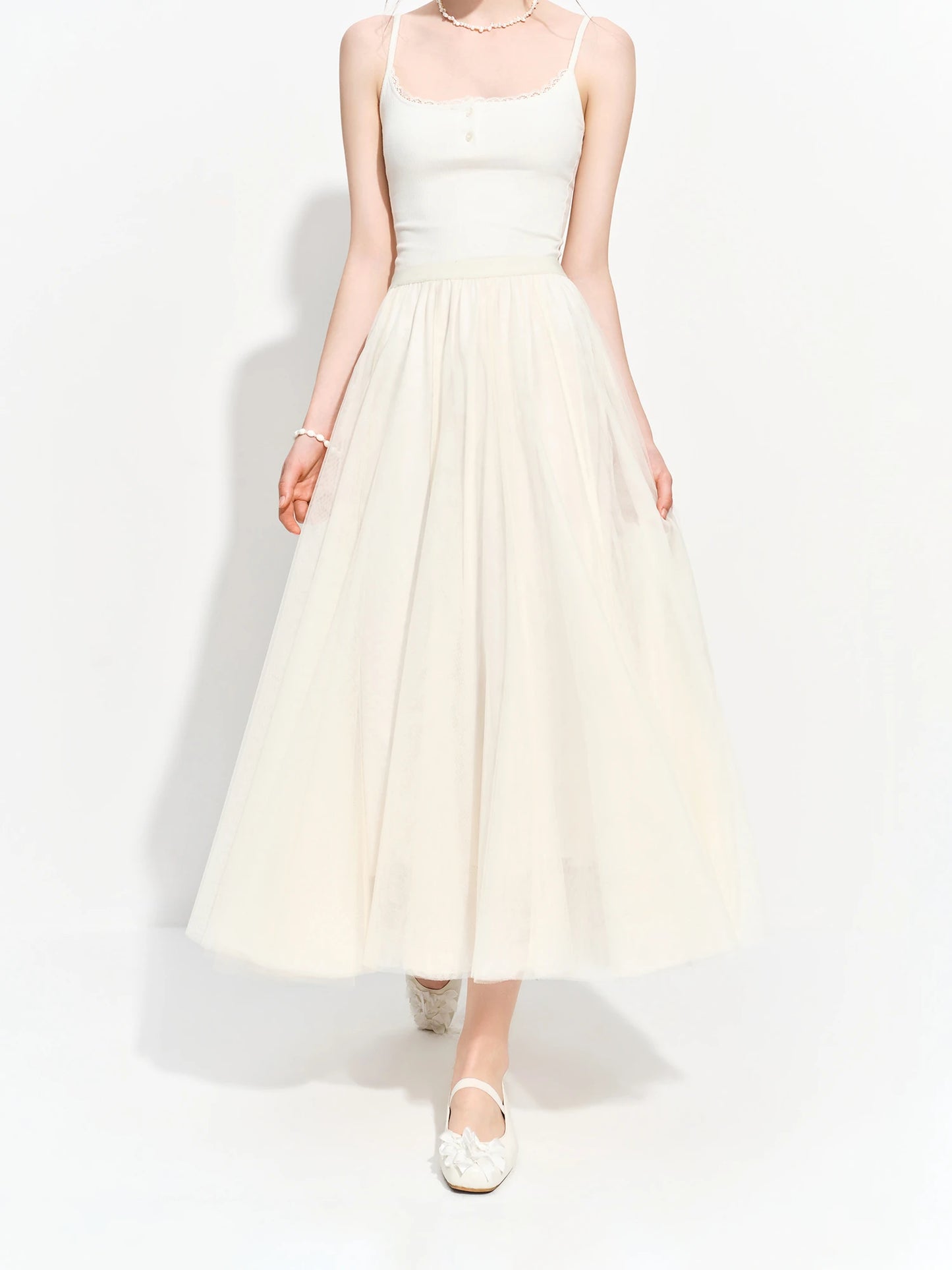 Women's Versatile Elastic Waist Mesh Midi Skirt Summer 2026 New Style Fairy Princess Banquet Wedding Bridesmaid Dress
